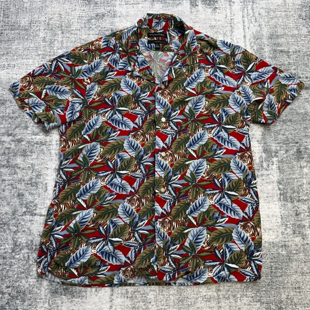 Banana Republic Shirt Mens Large Slim Floral Tiger Palms Camp Loop Resort Rayon